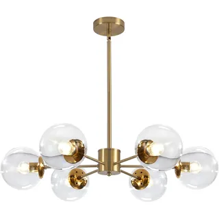 KCO Beleuchtung Moderne 6-Licht Sputnik Kronleuchter mit klarer Glaskugel Mitte Jahrhundert verstellbare Messing Pendelleuchte Gold Messing bündig montierte Fassung für Esszimmer, Wohnzimmer