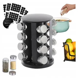 Drehbares Gewürzregal aus Metall, 16x Gläser-Organizer + Etiketten - Silber, Schwarz