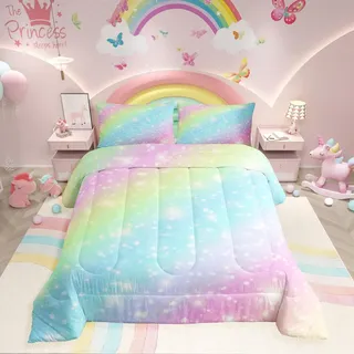 Erosebridal Regenbogen-Bettwäsche-Set für Kinder, Mädchen, Teenager, Frauen, Batik, Pastellfarben, Bettdecken-Set, Doppelgröße, goldene Sterne, Glitzer, Bettwäsche-Set, Aquarell-Kunst,
