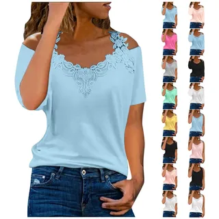 RMBLYfeiye Bluse Damen V-Ausschnitt Einfarbiges Schulterfrei Spitzen Oberteile Kurzarm/Langarm Locker Longbluse Off Shoulder Sexy Oberteil Elegant Festliche Blusen Frauen Tshirt