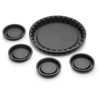 Coolinato - Silikon Backform Tarteform 5er Set Grau - Für Tarte, Kuchenböden, Obstkuchen & Quiche - Flexible Tortenbodenform 31 cm & 4x12 cm backofenfest bis 230°C & antihaft inkl. tollen 4 Rezepten