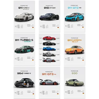 Komergave 9 Stück Auto Poster Supercar Car Poster Leinwand Stoff Wandkunst Sportwagen Motiv für Wanddekoration, Vintage Bilder im Retro Look für Jungen Männer Autoliebhaber Büro Schlafzimmer Garage