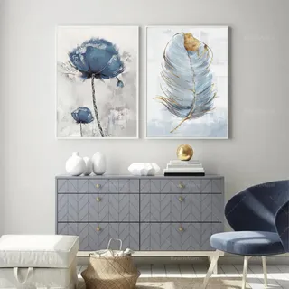 Herfair Bilder Wohnzimmer 2er Set, Blau Blumen Feder Wandbilder Poster Schlafzimmer, Stilvolle Einfachheit Wanddeko Leinwandbilder, Ohne Rahmen (50 x 70 cm)