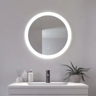Badspiegel LOEVSCHALL "Vega Rund, Badzimmerspiegel mit LED Beleuchtung, Lichtspiegel", silber (weiß), Spiegel, B/H/T: 2,7cm Ø 60cm, Spiegelglas, Badspiegel, Touchpanel für Lichtsteuerung, Dimmbar Spiegel, Dänisches Design, T:2,7cm Ø:60cm