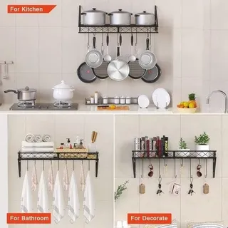 Hängendes Küchenregal mit Haken – Robustes und langlebiges Topfregal für Töpfe und Pfannen – Multifunktionales Küchenwandregal 70 x 28 x 23 cm – Schwarz - Blau