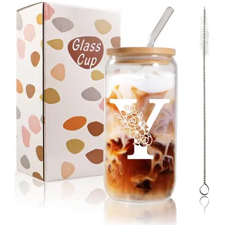Bliceon A-Z Personalisierte Geburtstagsgeschenke für Frauen, 500 ml Eiskaffee-Glasbecher für Mutter, Freunde und Schwestern, Männer, Vater, Eiskaffeetasse Geschenk mit Deckel und Strohhalmen (Y)