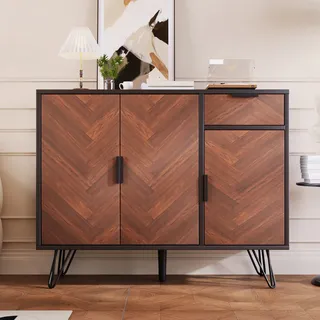 Merax Sideboard im Holzoptik mit Schubladen und 3 Türen, Highboard mit verstellbare Regale und Metallfüße, vielseitiger Stauraum Kommode, Schwarz - Schwarz