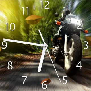 Wallario Design Wanduhr Fahrendes Motorrad im Wald mit Herbstlaub aus Echtglas, Größe 20 x 20 cm - Schwarz