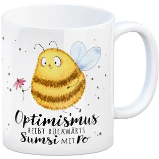 Pummel Biene Kaffeebecher mit Spruch Optimismus heißt rückwärts Sumsi mit Po eine bunte Tasse für die Arbeit Motiv Bienentasse Kaffeetasse Frauen Geburtstag lustige Blumenwiese