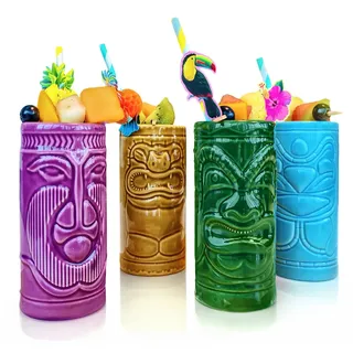 mikamax Tiki Becher, Mugs 4er Set Keramik Cocktailbecher Cocktailgläser Bar Zubehör Partydekoration – Cocktail Party - Blue, Green, Orange, Purple - 14cm x 6,5