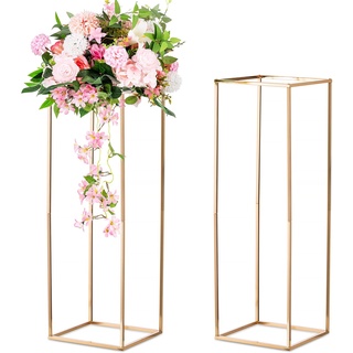 Sziqiqi 2 Stück Hochzeit Mittelstücke Gold Vasen- Hoch Blumenständer Metall Bodenvase Säule Geometrische Mittelstücke Steht Rechteckiges Display Rack für Hochzeiten Partydekoration, 80cm