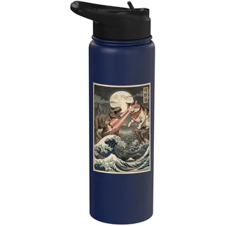 Cat vs T-Rex Japanische Great Wave Japan Manga Art Stainless Steel Insulated Water Bottle
