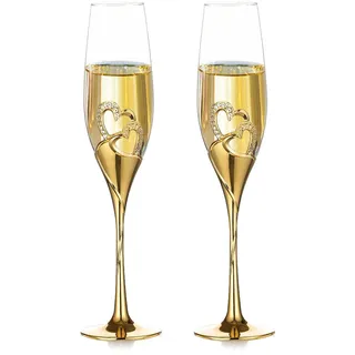 NUPTIO Sektgläser Champagner Gläser für Hochzeit: 2 Stücke Gold Kristallgläser Party Kristall Hochzeitsjubiläum Geschenk für Brautpaar