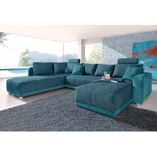 Wohnlandschaft JOCKENHÖFER GRUPPE "Orlando U-Form, B: 337 cm", blau (petrol), B:337cm H:69cm T:180cm, Struktur Farbe petrol: 87% Polyester, 13% Polyacryl;Struktur Farbe greige: 45% Polyacryl, 35% Polyester, 20% Baumwolle;Luxus-Microfaser ALCATOP (100% Polyester) / Struktur (s. u.) Kunstleder SOFTLUX / Struktur (s.u.);Struktur: alle restlichen Farben, außer greige + petrol: 65% Polyacryl, 35% Polyester, Sofas, Wohnlandschaft, mit Bettfunktion, Bettkasten, 2 Kopfstützen & 2 Zierkissen, Federkern