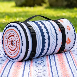 Wolfwise Picknickdecke Wasserdicht, XXL Groß Stranddecke, 200 x 200 cm | Sandfreie & Isolierte Strandmatte, Faltbar & Waschbar, mit Aufbewahrungstasche & Verstellbarem Schultergurt, Blau-Rosa (Boho)