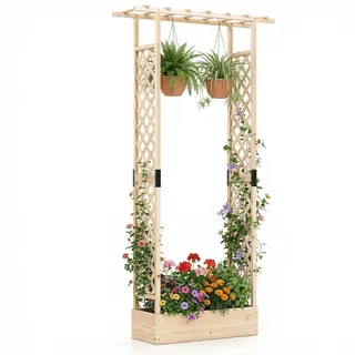 FANTASK Blumenkasten mit Rankgitter, 110 x 35 x 227 cm, Hochbeet mit Spalier für Kletterpflanzen & hängende Körbe, Pflanzkasten mit hängendem Dach, Pflanzkübel für Garten Hof Terrasse (Natur)