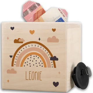 Shirtracer Spardose Holz personalisiert Regenbogen Boho Name | Holz, 10x10cm, Bunt, Wolken, Sparbox, Taschengeld, Wunscherfüller, Kinder, Geschenk, Deko, Mädchen, Jungen