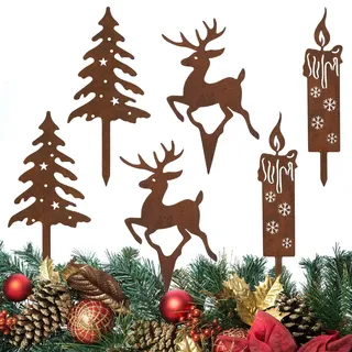 MARFOREVER Gartenstecker Weihnachten, 6 Stück Gartenstecker Rost Deko Weihnachten Hirsch Tanne Kerze Wetterfeste Weihnachtsdeko Metall Weihnachtsbaum für Weihnachtsdeko Garten Balkon