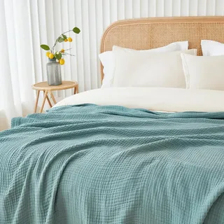 EMME Musselin-Decke 305x240 Baumwolle Oeko-TEX Erwachsene Tagesdecke,Türkis