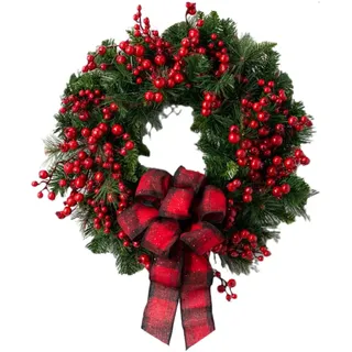 Xiyocadt 40 cm Künstlicher Weihnachtskranz Tannenkranz Türkranz, Beeren Weihnachtsdeko Türkranz Weihnachten Adventskranz Künstlicher Kranz Weihnachten Girlande Winterkranz (Rot,30cm)