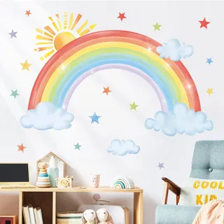 decalmile Wandtattoo Regenbogen Groß Wandaufkleber Sonne Wolken Sterne Wandsticker Babyzimmer Kinderzimmer Schlafzimmer Wanddeko