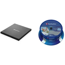 Verbatim Externer Slimline Bluray Writer mit USB 3.2-Kabel, externer DVD und Bluray Brenner, Bluray Player & DVD Drive für Wiedergabe in Ultra HD 4K, inkl. 25er Spindel Datalife Blu-ray 25GB