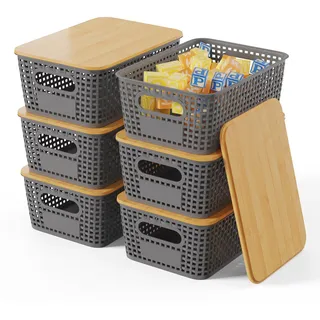 Shrivee 6er-Set Aufbewahrungsbox mit Bambus Deckel, 5L Aufbewahrungskorb, Kunststoff Korb Aufbewahrung, Küchen Aufbewahrungsboxen für Regale, Schränke, Schränke und Zuhause (Dunkelgrau)