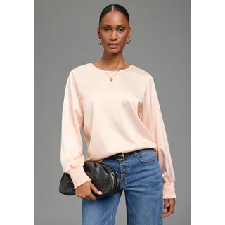 Schlupfbluse LAURA SCOTT, Damen, Gr. 46, rosa, Web, Obermaterial: 100% Polyester, leicht glänzend, figurumspielend hüftlang, Rundhals, gesmokt, Blusen Schlupfbluse, Festliche Satin-Bluse, Elastikbündchen am Ärmel, glänzender Stoff