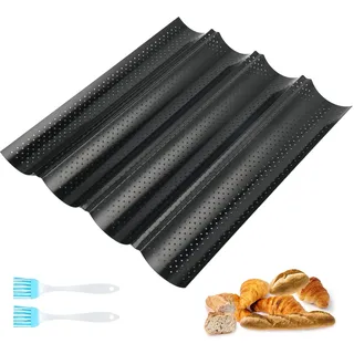 CRESZZLE Baguette Backform mit Antihaftbeschichtung, Baguetteblech für 4 Baguettes, Brötchen Backform aus Karbonstahl, Baguette Backblech 38x32.5cm, Baguette Blech für knusprige Ergebnisse