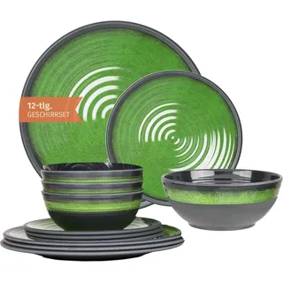 Moritz Camping Tafelgeschirr aus Melamin für 4 Personen 12-teilig | spülmaschinenfest | Picknick Geschirrset | Geschirr Campinggeschirr I Stone Green Design