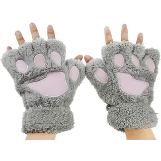AfinderDE Halbhandschuhe Fingerlos Handschuhe Damen Mädchen Plüsch Halb Handschuhe dicken warmen Fingerhandschue Cartoon Tier Bär Katze Krallen Winterhandschuhe