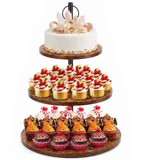 KOUHA Etagere 3 Etagen aus Holz Cupcake-Ständer Runder Großer Cupcake Ständer Ø 30/25/20 cm Tortenständer Tortenetagere Kuchenständer Etagere Holz für Desserts Kuchen Käse Süßigkeiten Kekse Nüsse