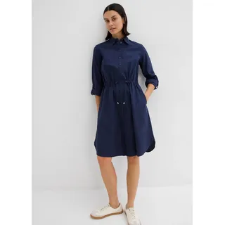 Midikleid BONPRIX "Hemdblusenkleid aus Leinen-Baumwoll-Mix", Damen, Gr. 46, N-Gr, blau (dunkelblau (länge: regulär)), Obermaterial: 55% Leinen, 45% Baumwolle, A-Linie, Kleider Midikleid, für lässigen Look, aus Leinen-Baumwoll-Mix, in A-Linie, mit Taschen