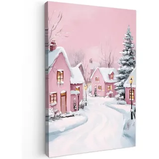 MuchoWow Leinwandbild Weihnachtsdorf - Rosa - Winter - Schnee - Häuser Wanddeko Schlafzimmer 60x90 cm , Altrosa , Textil , Kiefer , Abstrakt , Rechteckig , 60x90 cm , FSC 100% , gerahmt , Bilder & Rahmen, Bilder, Leinwandbilder