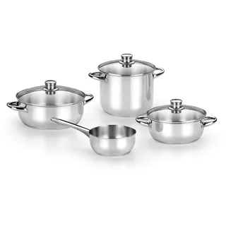 MONIX Optima | 7-teiliges Kochgeschirr aus Edelstahl 18/10, geeignet für alle Herdarten und Induktion: 20 cm Topf, 20 und 24 cm Stielkasserolle aus Glas und 16 cm Stielkasserolle ohne Deckel