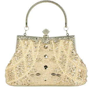 DA BODAN Damen Abendtasche Vintage Perlen Pailletten Perle Clutch Handtasche Schultertasche Geldbörsen für Hochzeit Braut Abschlussball Party, Champagner, 23 * 22 cm