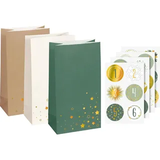 Heyda Adventskalender-Set Papiertüten 3-farbig klein 24 Bodenbeutel - Bunt