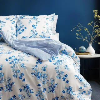 LERUUM Bettwäsche Set 140x200 Baumwolle Reversibel Streifen Blumen Blau Weiß Bettbezug (140 x 200 + 65 x 65 cm)