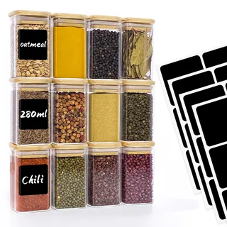 Withosent Vorratsdosen Glas 12er Set, 280ml Gewürzgläser Eckig Holzdeckel, Vorratsgläser Glasbehälter mit Deckel Klein, Stapelbare Gewürzdosen Küche für Gewürze