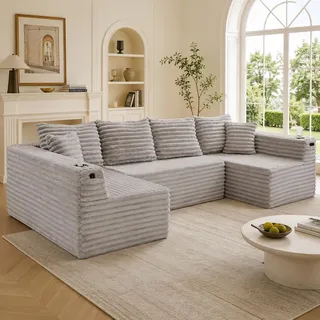 Cord-Sofa U-Form Wohnlandschaft mit Federkern U-f?rmiges Sofa mit Getr?nkehalter Seitentaschen Modulsofa Polstersofa Couch gro? 4-Sitzer Wohnzimmersofa Beige - Grau