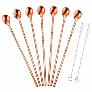 6 Stück Trinkhalm Löffel Edelstahl Roségold, Cocktail Löffel 2 in 1 mit Reinigungsbürsten, Longdrinklöffel für Latte Macchiato, Bubble Tea, Smoothie, Cocktail und Dessert