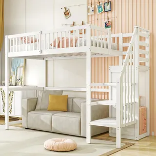Flieks Etagenbett 90x200cm mit Treppe und Kleiderschrank, Hochbett Jugendbett mit Lattenrost, Kinderbett mit Rausfallschutz, Einzelbett Holzbett, Weiß - Weiß