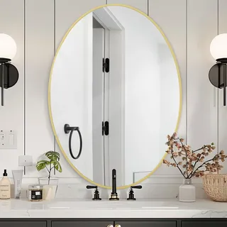 Melodieux Ovaler Wandspiegel 51 x 71 cm Gold Kreisförmiger Wandspiegel zum Aufhängen Dekorativer Kosmetikspiegel zur Wandmontage für Badezimmer Wohnzimmer Flur