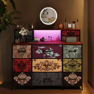 UnboxG Multifunktionaler Vintage-Schrank mit USB-Ladefunktion & RGB-LED-Beleuchtung – Kommode, Schminktisch & Sideboard mit großem Stauraum, 109,2×28×97,3 cm