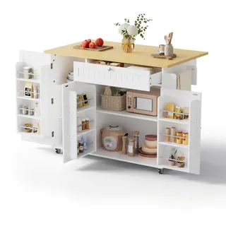 Stilvora Servierwagen in Weiß Kücheninsel mit klappbarer Arbeitsplatte und Rollen für Küchen, B120/T45 (70)/H92cm , Weiß, Naturfarben , Holzwerkstoff , Rechteckig , 120x92x70 cm , Küchen, Küchenmöbel, Kücheninseln