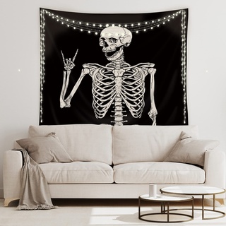 Totenkopf Wandteppich, Wandbehang, Lustiges Skelett, Schwarz-Weiß Thema Tapisserie, Heimdekoration für Männer, Frauen, Gothic Halloween,Rock Terror Schlafzimmer, Wohnzimmer, Wohnheim(L/150x200cm)