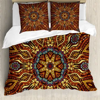 ABAKUHAUS Ethnisch Bettbezugs Set Für Doppelbetten, Kaleidoskop Design Boho, Milbensicher Allergiker geeignet mit Kissenbezügen, Ringelblume Gelb Braun und Blau - Gelb