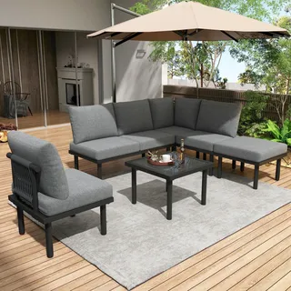 Merax Gartenlounge-Set für 6 Personen, Gartenmöbelset mit verzinktem Eisenrahmen, 6-tlg. Gartenmöbel Set Seil Rope Lounge Balkonmöbel mit Tisch, Grau - Grau