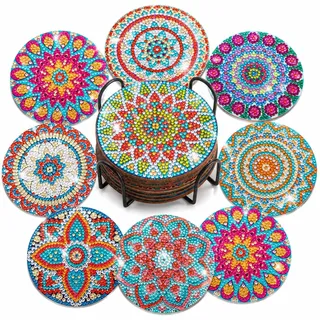 OBVOLO 8 Stück Diamond Painting Untersetzer mit Halter, DIY Mandala-Motive Diamant Malerei Set, Bunte Mandala-Deko für Zuhause & Büro, Kreative Tischdeko Geschenke für Bastelliebhaber