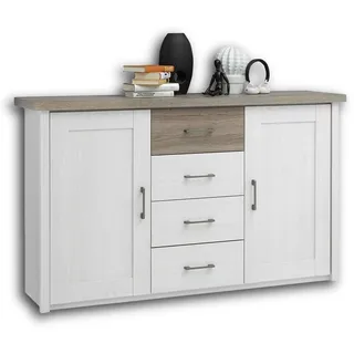 LUCA Schlafzimmer Kommode Sideboard Pinie Weiß Trüffel Design | 150 x 90 x 42 cm (B/H/T), 2 Holztüren, 4 Schubkästen, Stauraum, Landhausstil, Schlafzimmer